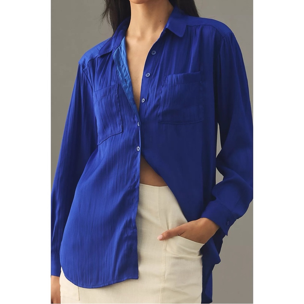 Anthropologie Relaxed Crinkle Satin Button Down Shirt in Cobalt Blue